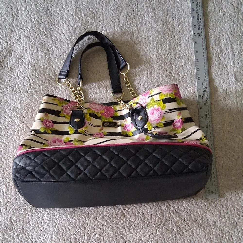 Betsey Johnson Black & Pink Floral Striped Satchel